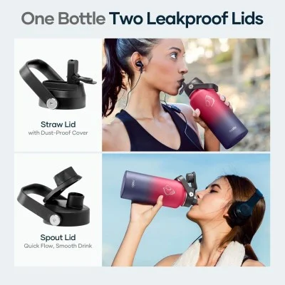 Buzio Duet Series Water Bottle with 2 Lids and Sleeve 1.2L - Ruby Red Navy